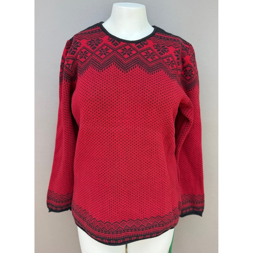 NorthStyle Nordic Fair Isle Sweater Large Red Black Cotton Knit Pullover Winter